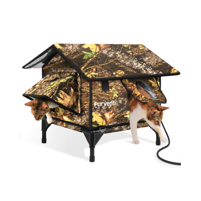 Clawsable Heated Outdoor Cat House With Heated Mat , Weatherproof Shelter With Magnetic Escape Door-Leaf Style