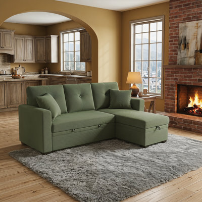 Sleeper Sofa Sectional with Pull-Out Bed, Reversible Chaise & Storage, Breathable Fabric, Small Space L‑Shaped Convertible Sofa Bed for Living Room