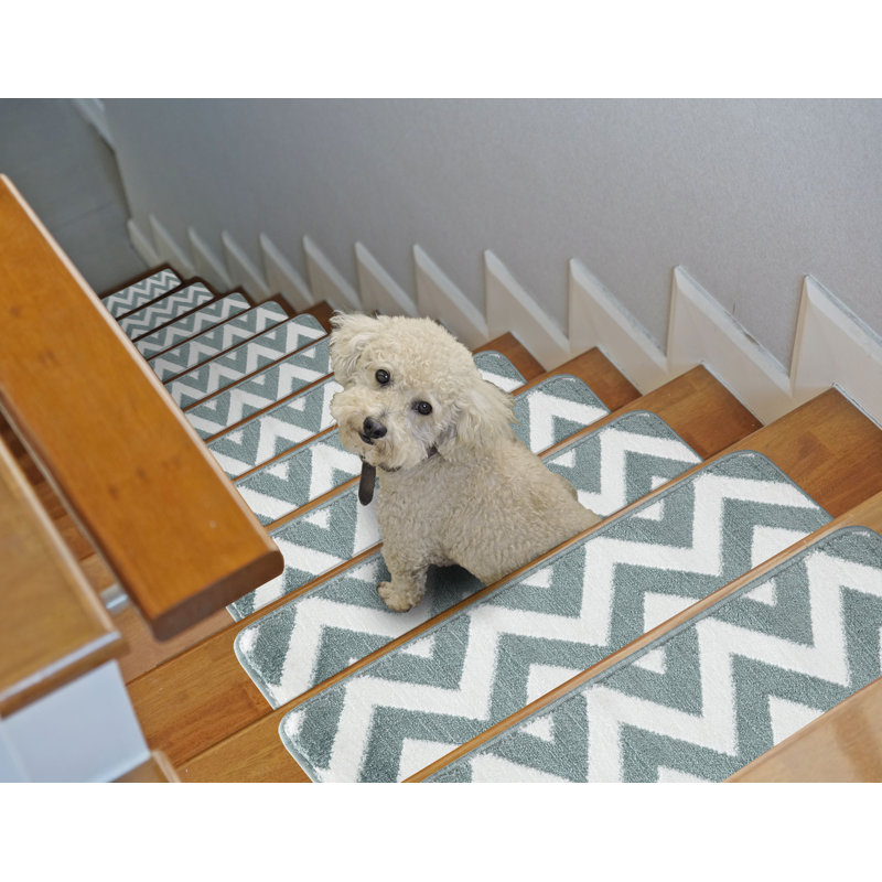 Tapis d'escalier intérieur antidérapant 9 po x 28 po Algean, Bleu sarcelle / blanc, 13