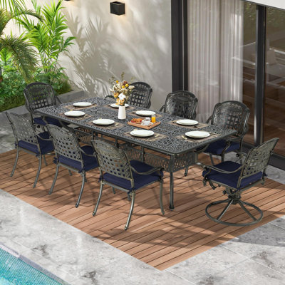 Meetwarm 9-Piece Outdoor Patio Dining Set For 8, All Weather Cast Aluminum Patio Funiture Table And Chairs Set- 94.5" Rectangular Table And 2 Swivel Rocker Chairs, 6 Stationary For Garden