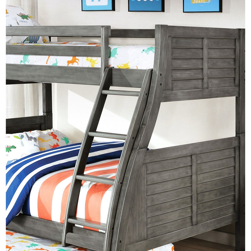 Lit superposé simple au dessus d'un lit double, transitionnel, gris, structure de style planche, réversible, bois massif, configuration utilitaire de chambre à coucher, profit