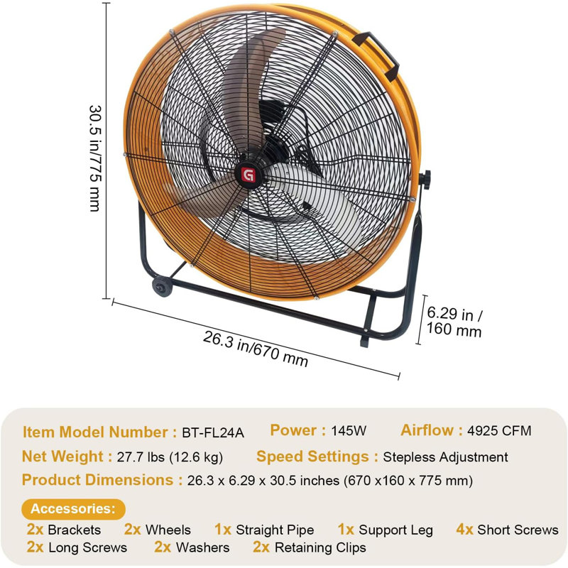 Industrial High Velocity Drum Fan, 11756 CFM High Velocity Floor Fan With 3-Speed Control, 360° Tilt Portable Air Circulator