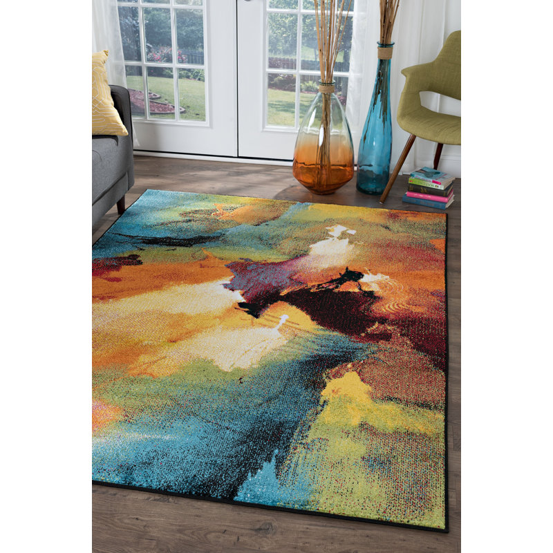 Kayaan Abstract Crimson/Aqua Area Rug, Rectangle 5'3" x 7'3"