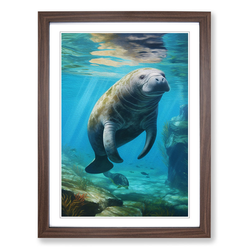 Manatee Hard Edge Painting - Single Picture Frame Print on Wood, 34cm H x 25cm W x 2cm D, Walnut Framed