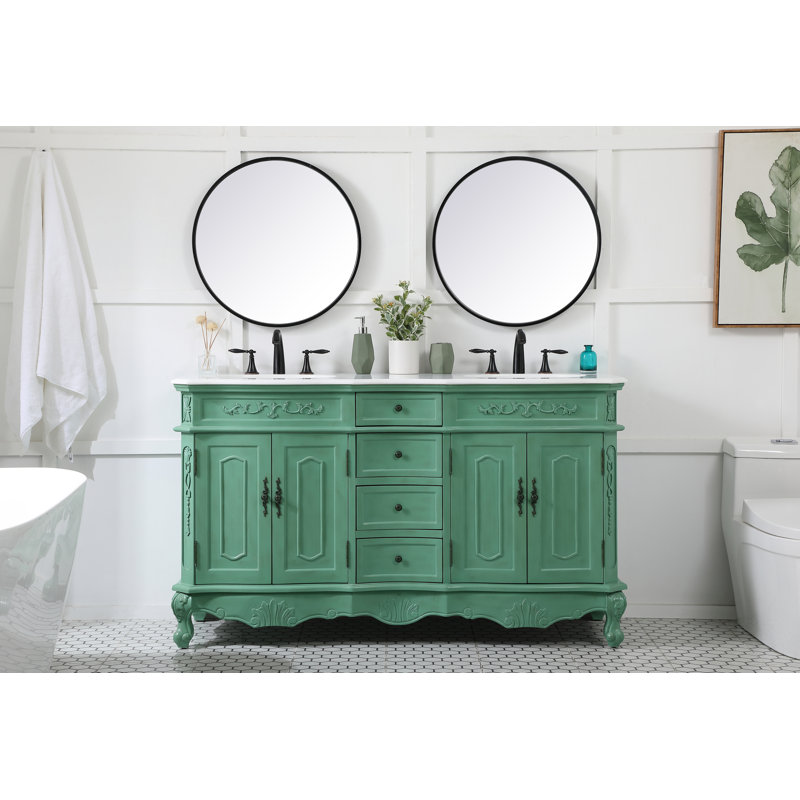 Ensemble de meuble-lavabo double 60 po Lunette, Menthe rétro, Blanc ivoire