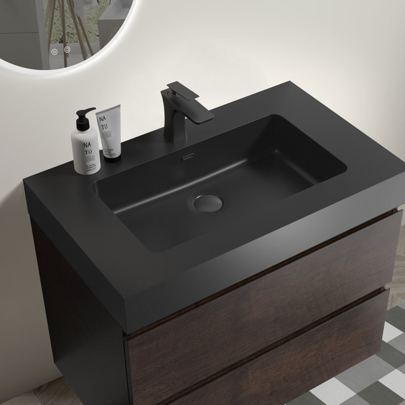 Lavabo en quartz noir mat avec trop-plein pour salle de bain style salle de bain, 30"