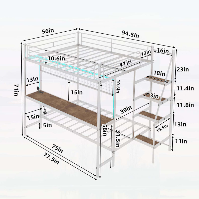 Lit superposé double au-dessus d'un lit double avec bureau intégré et éclairage à DEL - conception loft peu encombrante pour enfants et adolescents, structure robuste, assemblage facile, parfait pour les chambres à coucher et les dortoirs