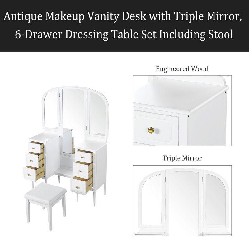 Bureau de coiffeuse antique avec miroir triple, ensemble de coiffeuse à 6 tiroirs avec tabouret, miroir pleine grandeur pour le vestiaire de la chambre à coucher, blanc