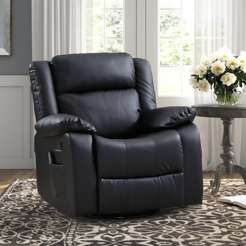 Leedward Modern Overstuffed Faux Leather Manual Swivel Rocker Recliner With 8-Point Vibrating Massage & Heating, Black
