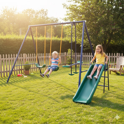 3-In-1 Backyard Swing Set Including A Belt Swing, Slide, And Glider Swing
