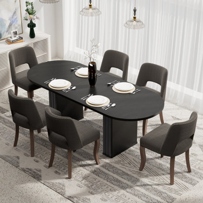 Ensemble de table de salle à manger extensible ovale avec chaises en tissu 6/8, base de table en bois noir pour la cuisine et la salle à manger