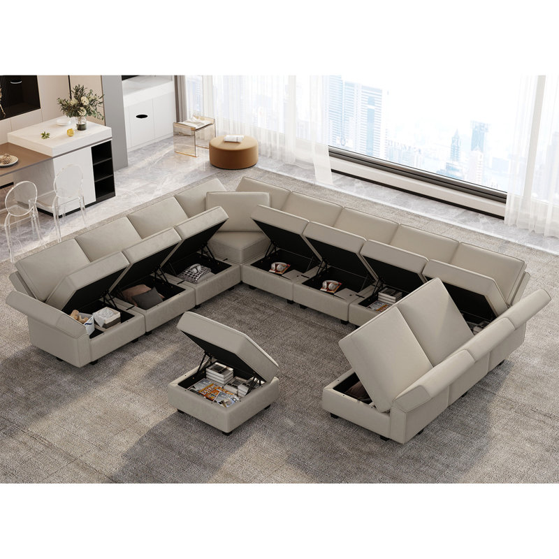 Wylodene 143" W Velvet Modular Sectional Sofa, Light Gray Velvet
