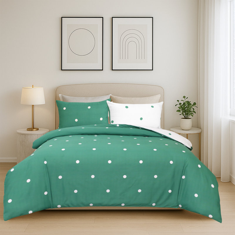 Haffa Microfiber Duvet Cover Set with Pillowcases, Green/White Doted, Single Duvet Cover + 1 Standard Pillowcase