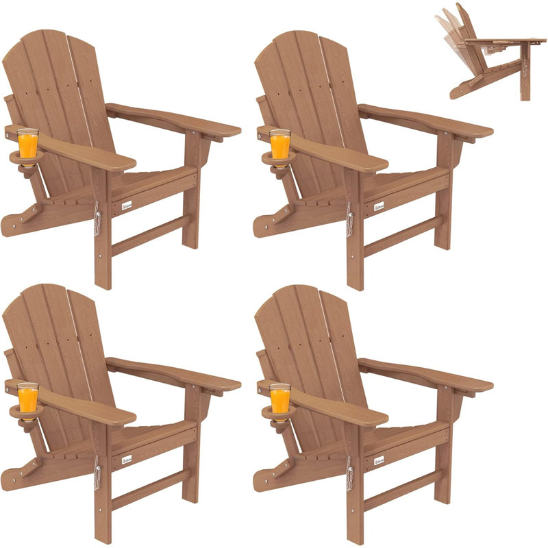 Set of 4 Adjustable Adirondack Chairs, 3-Level Wooden Textured HDPE Folding Chairs with Cup Holders for Outdoor Use at Beach, Patio, Garden, Backyard, and Campfire, Brown