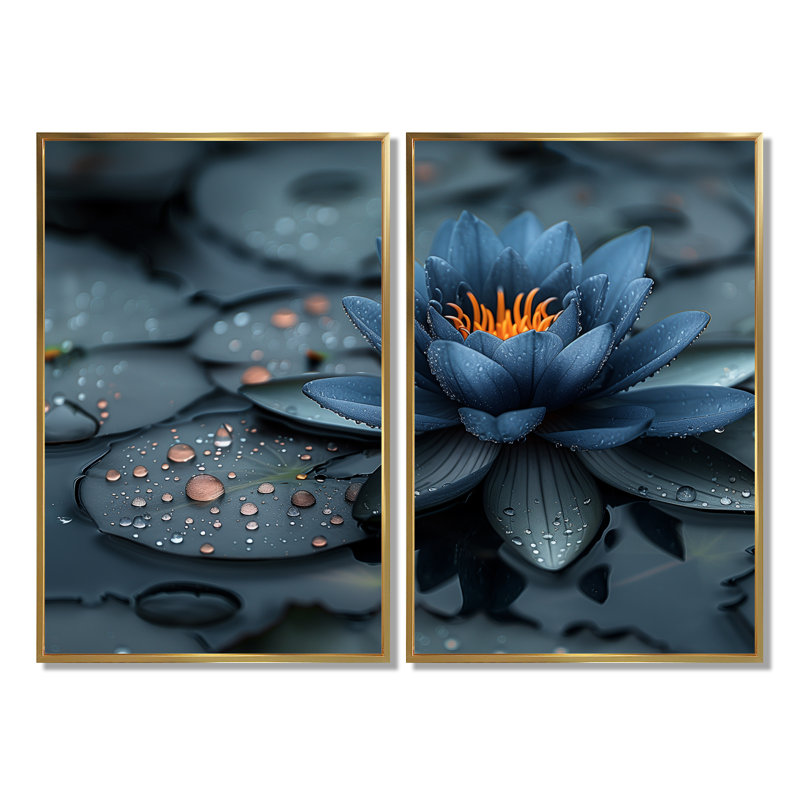 Étang de lotus bleu bleu rayonnant I - art mural moderne bleu 2 pièces, 36" H x 48" W, Impression encadrée flottante, Gold