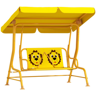 Qaba Kids Patio Swing, 2-Seater Outdoor Porch Swing Chair with Adjustable Canopy, Safety Belt, Lion Pattern Hanging Swing Bench for Garden, Backyard, Yellow