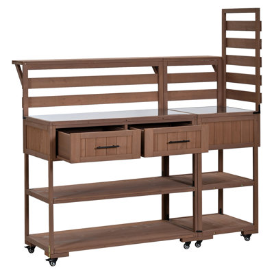 (With Assembly Video) TOPMAX 4-Piece Outdoor Rolling Kitchen Island with Sink w/Faucet, Solid Wood Grill Table with Storage Cabinets, Drawers, Stainless Table Top and Movable Shelves for Garden, Brown