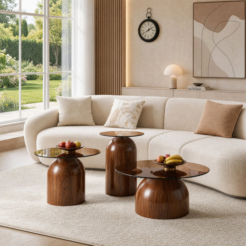 Living Room Table Set, Brown, 3 Pieces: Console Table, Side Table, Coffee Table