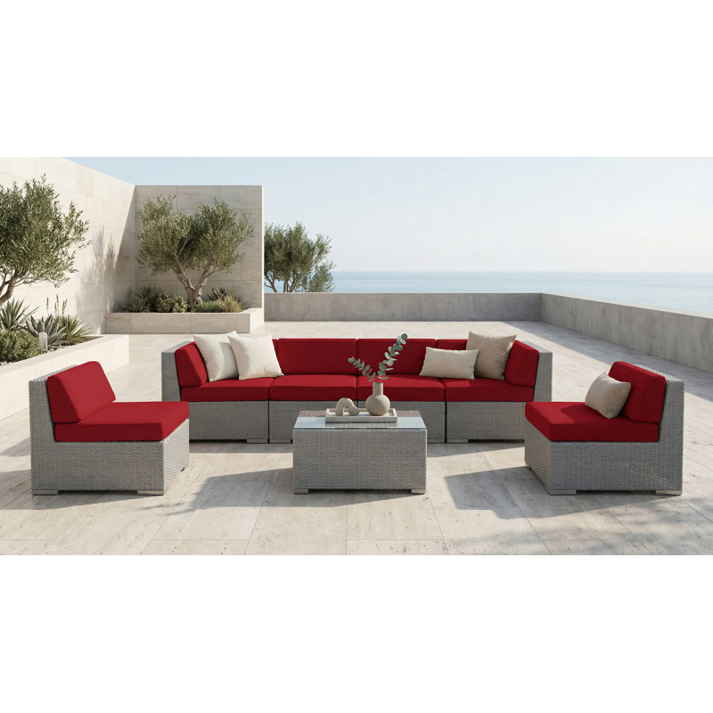 Ensemble de conversation en osier pour 6 personnes avec coussins Barneveld - sans assemblage, Super acrylique rouge, Gris