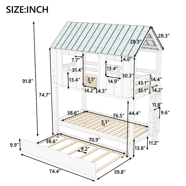 Harper Orchard House Bunk Bed With Trundle,Roof And Windows & Reviews ...