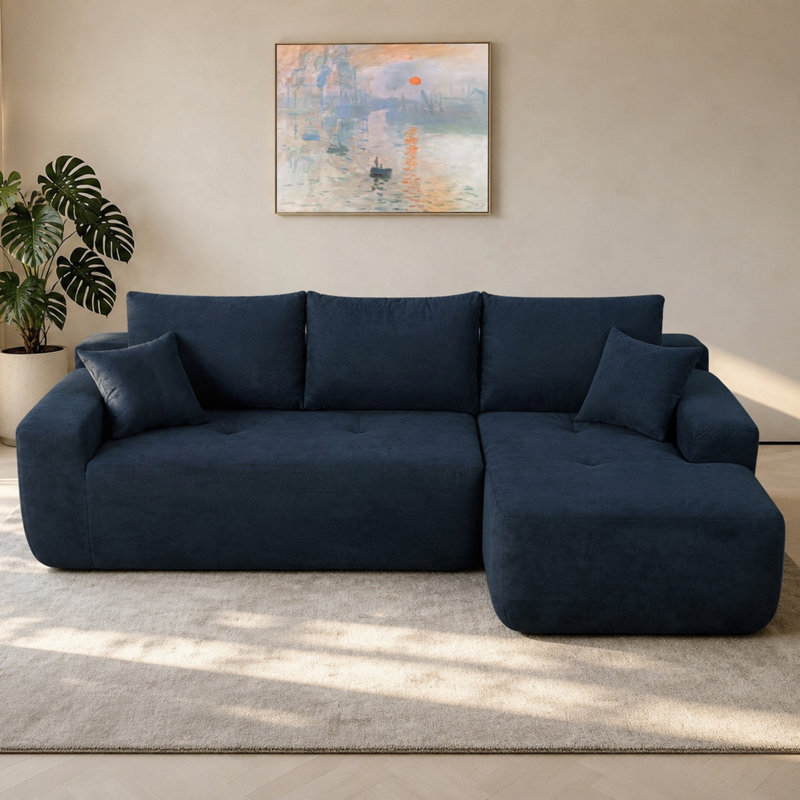 Canapé modulaire 85 po en forme de L avec tissu en lin de coton et sans assemblage, Bleu