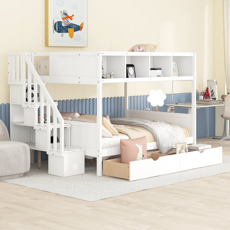 Lit simple superposé au dessus d'un lit double avec tablettes, escalier de rangement et 2 tiroirs, blanc - 3 pièces