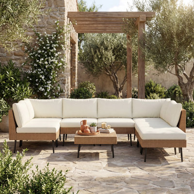 Ensemble de conversation modulaire en osier pour 7 personnes avec coussins