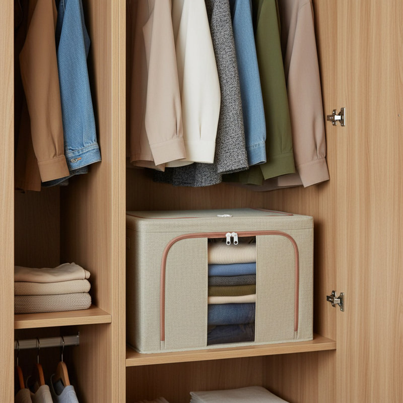 Boîte de rangement pliable en lin 100% coton avec cadre en acier, couvercle et poignées pour fenêtre, Beige