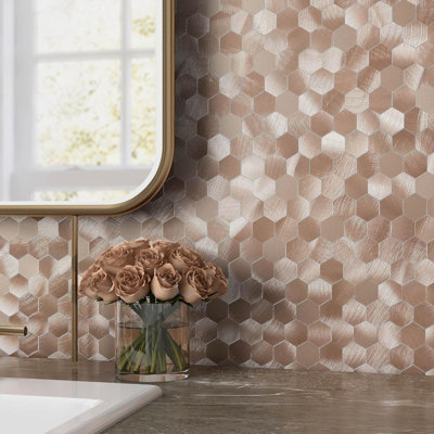 BeNice Peel and Stick Backsplash for Kitchen Hexagon Tiles,Adhesive Backsplash for Kitchen Adhesive Wall Tiles Peel and Stick Metal Tile 3D Tile Stickers 10pcs Rose Gold