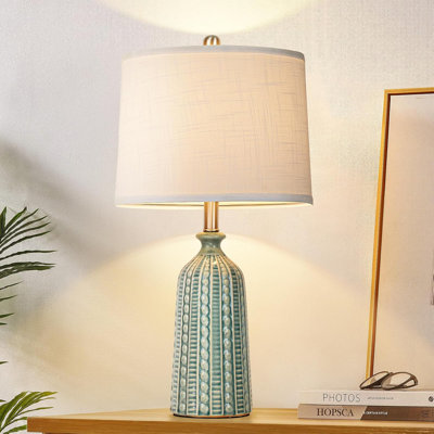 24.5" Green Ceramic 3-Way Dimmable Table Lamp With White Drum Shade, Bedside Reading Lamp With LED Bulb