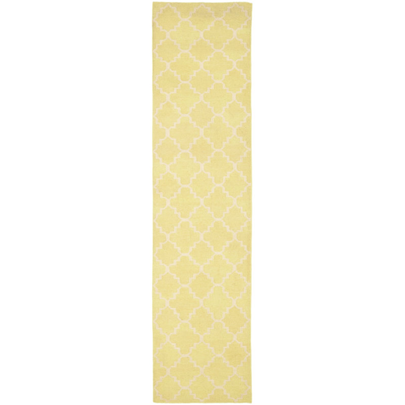 Estevez Hand Woven Flat Weave Wool/Cotton Geometric Rug in Ivory/Light Green, Runner 2'6" x 12'