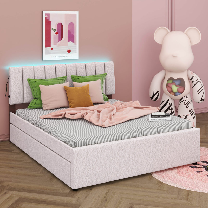 Lit plateforme tapissier Teddy, Beige, Grand lit