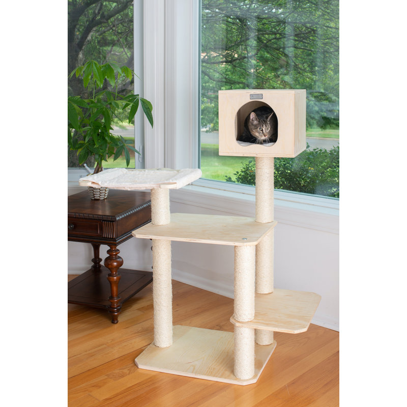 Natural Pine Freestanding Outdoor Cat House with Sisal Posts