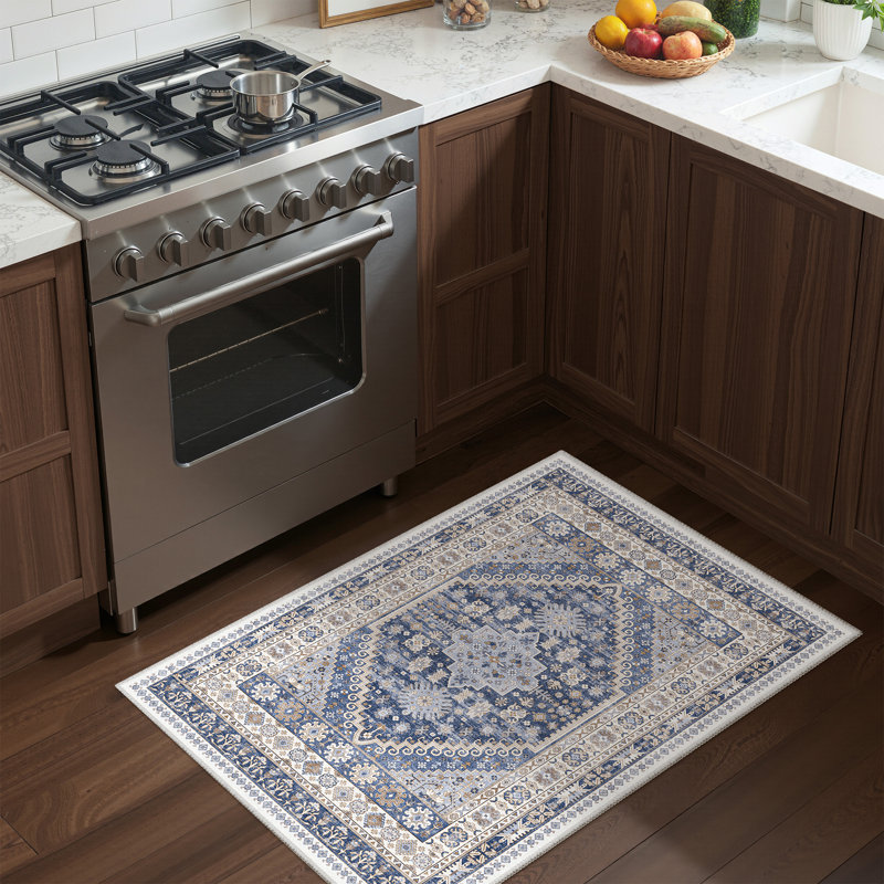 Machine Washable Oriental Floral Non Slip Indoor Area Rug, Beige, Rectangle 50cm x 80cm
