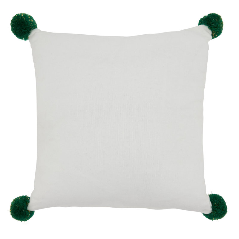 12" Square White and Green Embroidered Cotton Christmas Pillow
