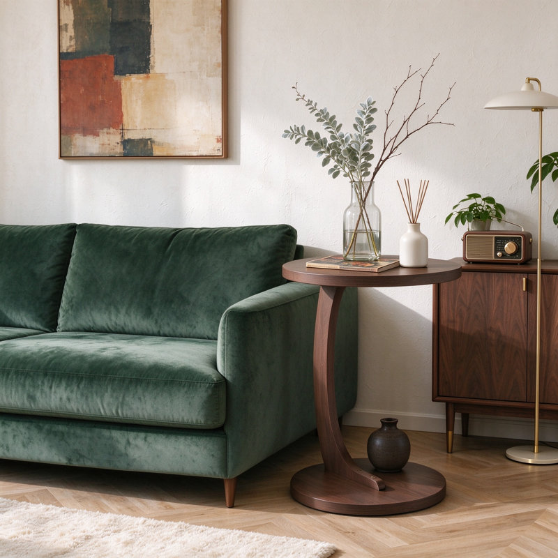 Table de bout en forme de C 21,65 po avec plateau rond et base piédestal incurvée