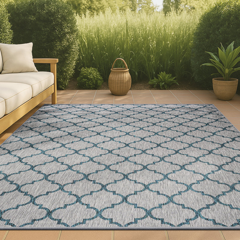 Arabesque Ogee Trellis Gray/Teal Indoor/Outdoor Rug, Rectangle 5'3" x 7'7"