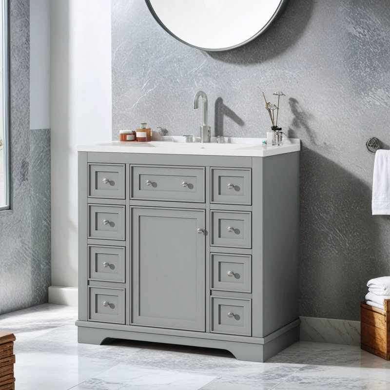 Nir 36'' Free Standing Single Bathroom Vanity with Ceramic Top, Gray
