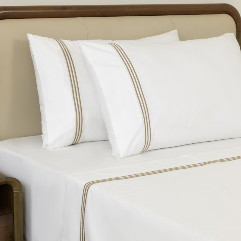 Dreamology 100% Cotton Percale Embroidered Sheets Set, King Size, Cool, Soft, Breathable & Crisp Bedsheet & Pillowcase with Deep Pocket Up to 16 Inches (Gold)
