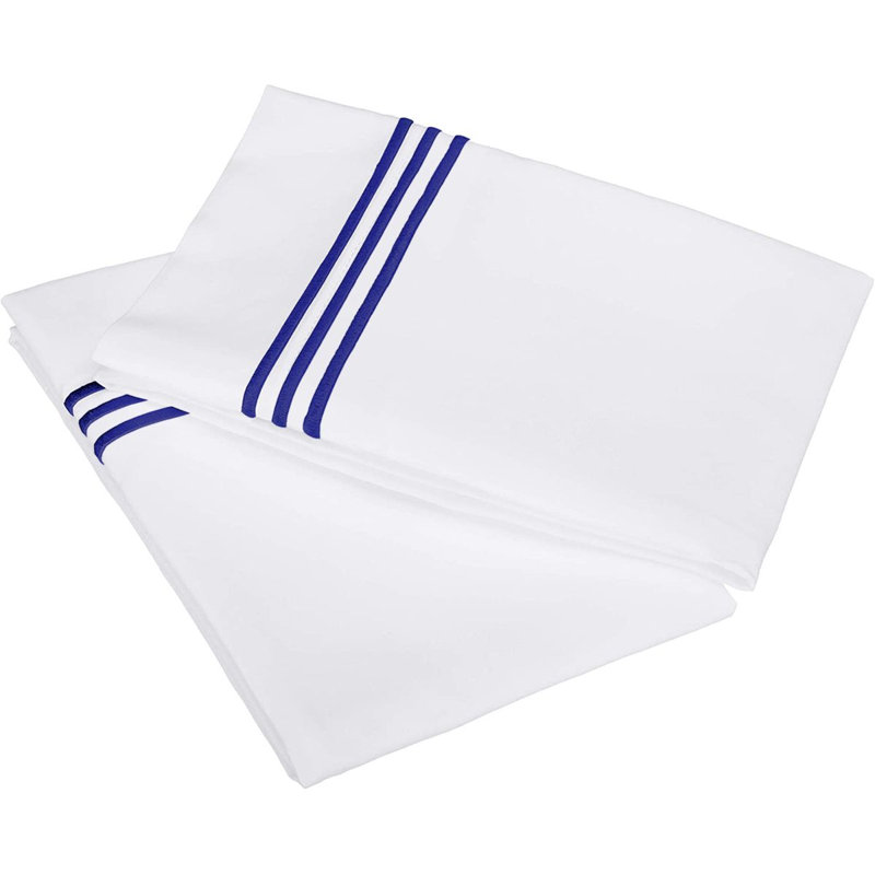 400TC Triple Embroidery Cotton Sateen Pillowcases (Set Of 2), White/Navy Blue