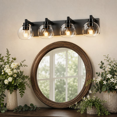 4-light Matte Black Vanity Light With Clear Glass Globe Shade,for Bathroom, Kitchen, Bedroom
