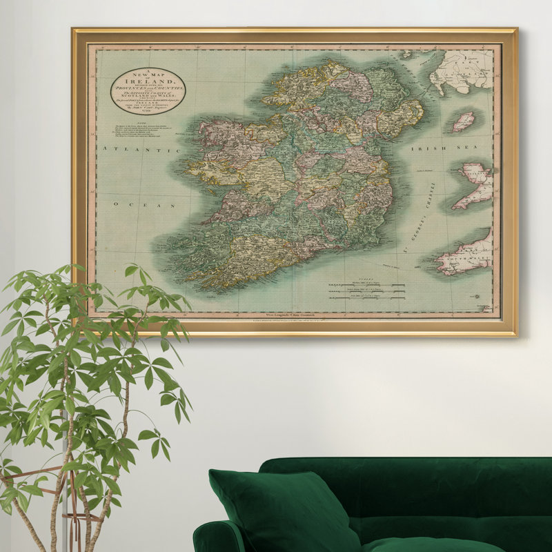 Carte de l’Irlande vintage-impression d’art graphique sur toile encadrée, H 22,5 po x l 30,5 po x P 1,5 po, Encadrement doré