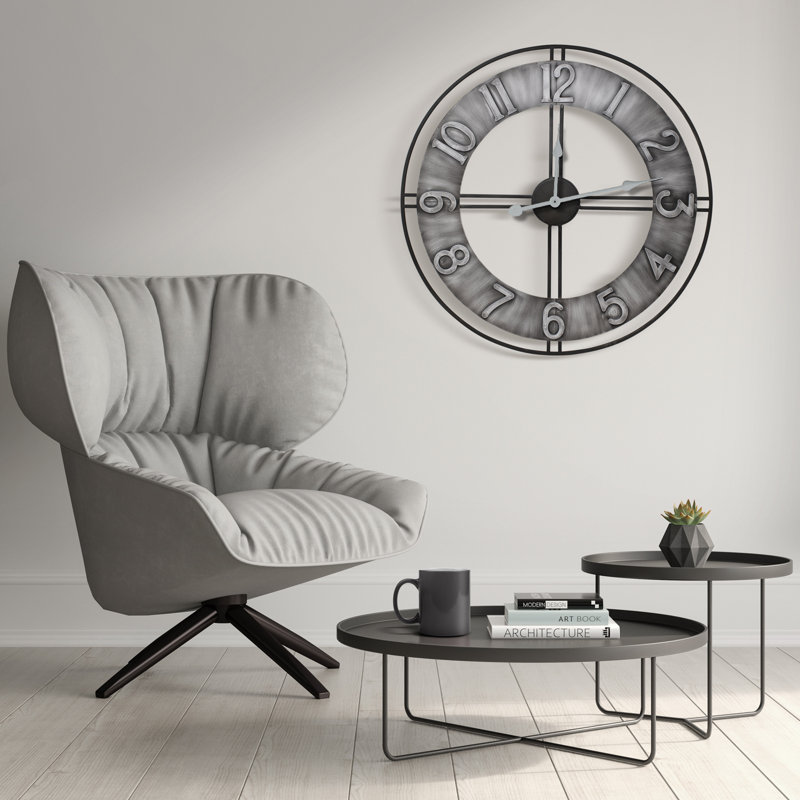 Sorbus 24" Quartz Round Chunky Number Decorative Wall Clock, Gray Metal