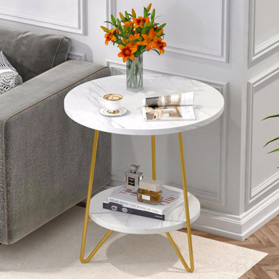 Table de bout ronde en faux marbre 18,7 po, table d'appoint ronde blanche et dorée à 2 niveaux, petite table basse ou table de chevet moderne (table de chevet)