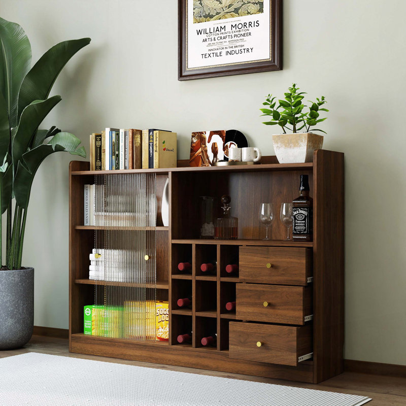 Buffet avec portes coulissantes en verre et rangement sur le comptoir