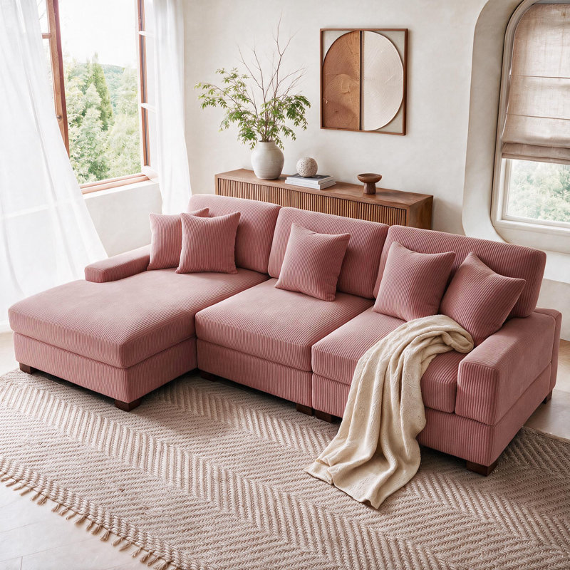 3 - Piece Upholstered Corduroy Modular Sectional Sofa-L, Pink Corduroy, Left Hand Facing