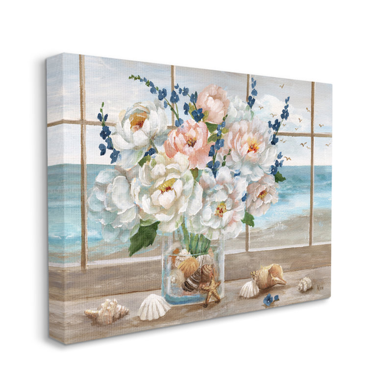 Magnifique bouquet de pivoines au bord de la mer, plage, coquillages par Nan - Peinture, Toile tendue