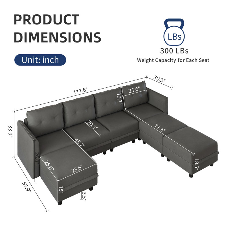 Canapé modulaire en U avec repose-pieds 7 pièces Zendajas, Similicuir gris
