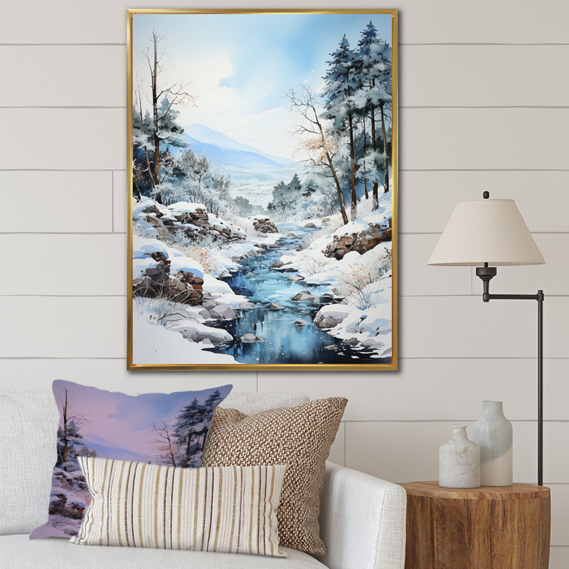 Minimalisme, paysage d'hiver au bord du lac III, sur toile, Cadre flottant doré, H 32 po x l 16 po