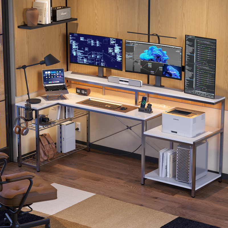 Minaya 71.5" W LED Gaming Desk with Power Outlet, L-Shaped Computer Desk with Monitor Stand, White